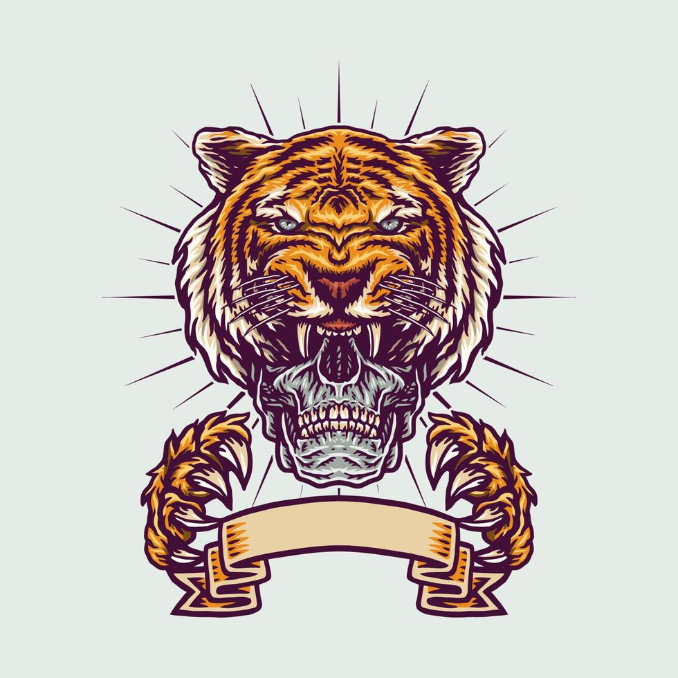 Skull in tiger claws color illustrations using a hand drawing style continued with digital coloring, this is a combination of hand drawing style and digital color vector