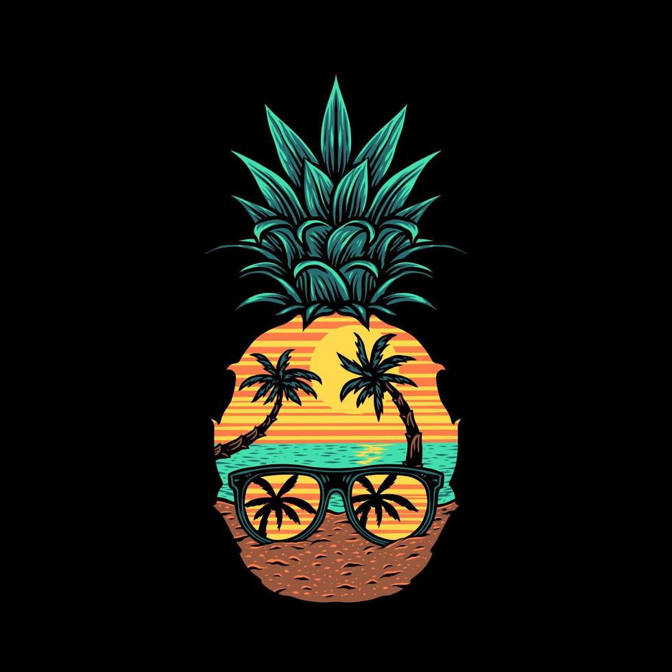 Vector illustration of pineapple beach, hand drawn line style with digital color
