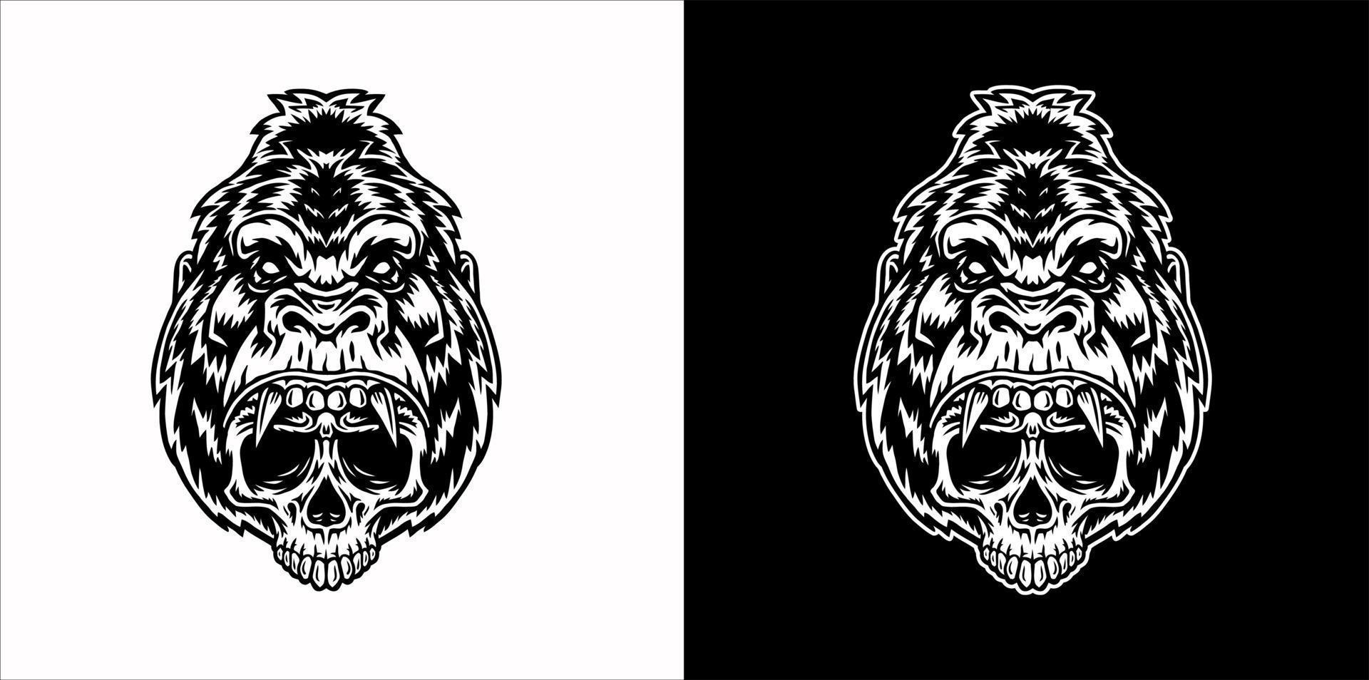 ilustración vectorial de gorila con cráneo, aislado en fondo oscuro y brillante vector