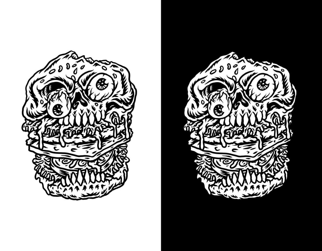 Skull burger hand drawn line style with digital color, vector illustration