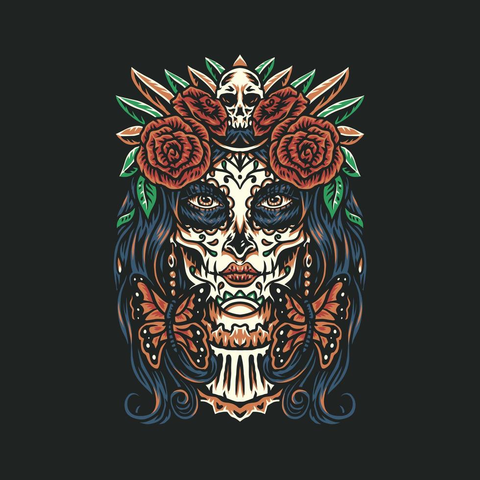 Day of the dead, Dia de los muertos. Girl with makeup - sugar skull with rose flowers, hand drawn line style with digital color, vector illustration