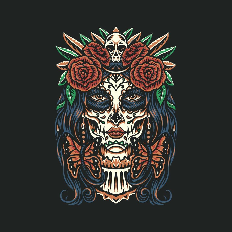 día de los muertos, dia de los muertos. chica con maquillaje - calavera de azúcar con flores de rosa, estilo de línea dibujada a mano con color digital, ilustración vectorial vector