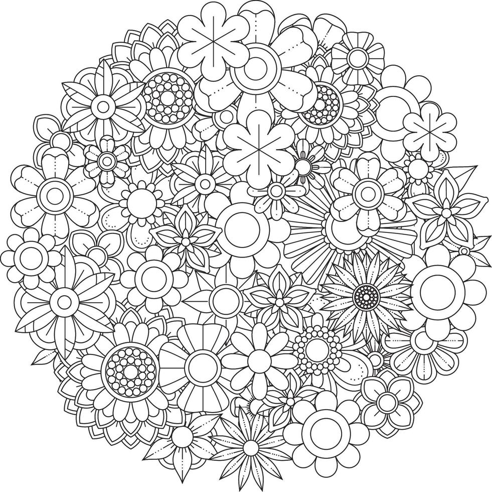 patrón floral en estilo mehndi para colorear la página del libro. página para colorear para adultos. adorno de fideos en blanco y negro. ilustración vectorial dibujada a mano. vector