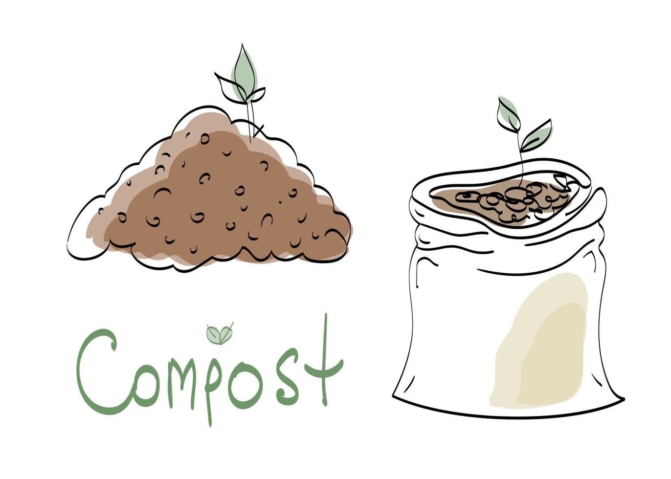 vector Bag of compost and  pile, Set illustrations in doodle style