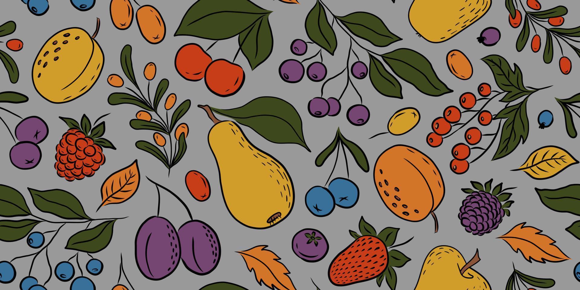 patrón transparente de vector gris con coloridas frutas y bayas