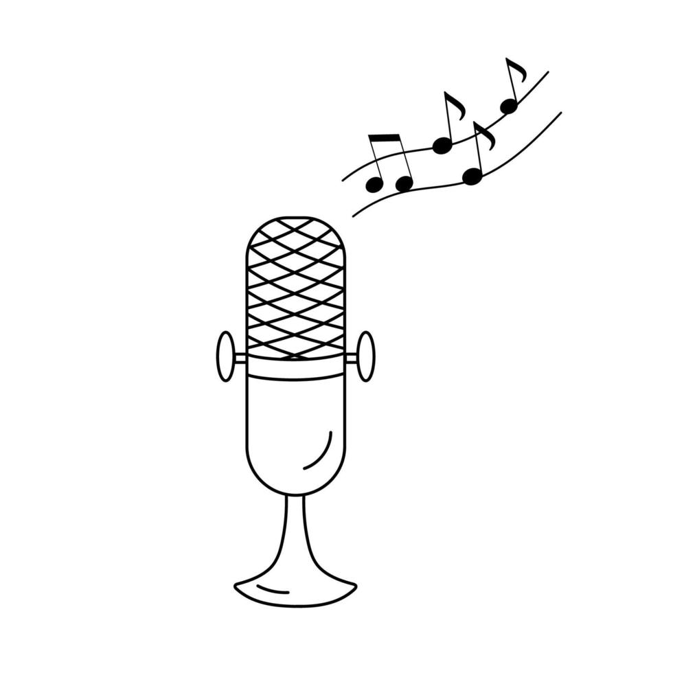 icono de micrófono y contorno de notas. micrófono clásico en estilo simple aislado sobre fondo blanco. símbolo de música o podcast vector