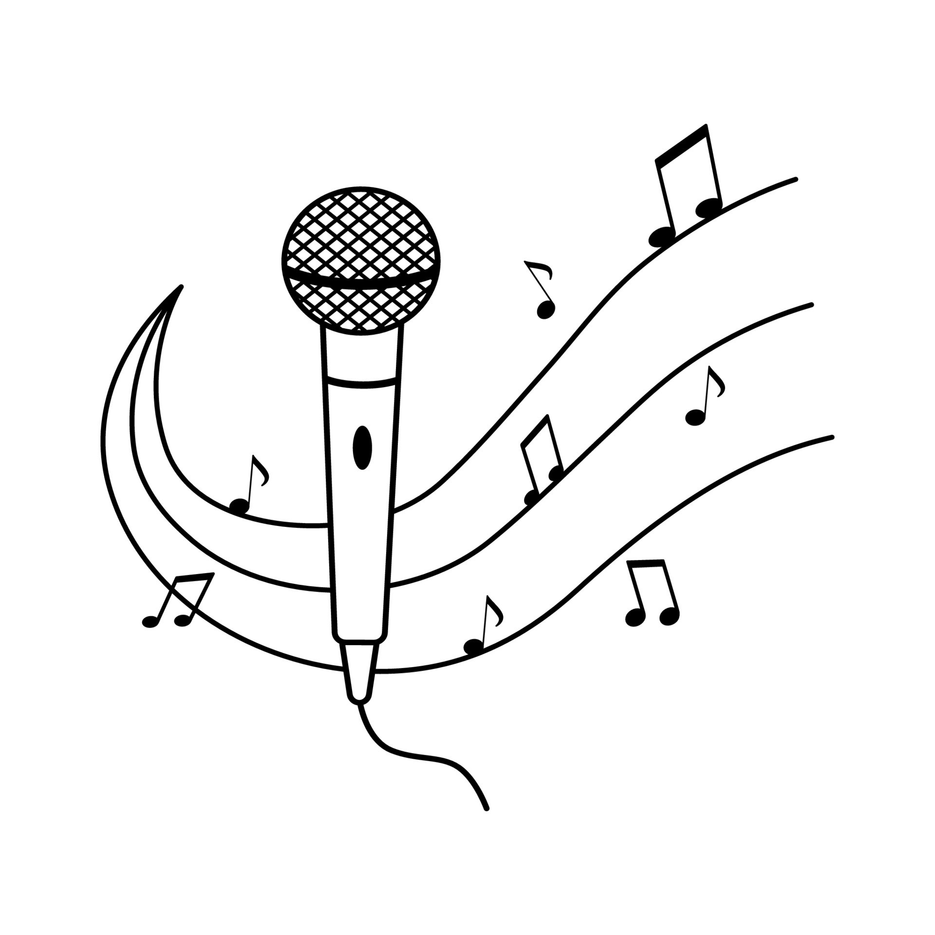 Microphone icon and notes outline illustration. Classic mic in simple