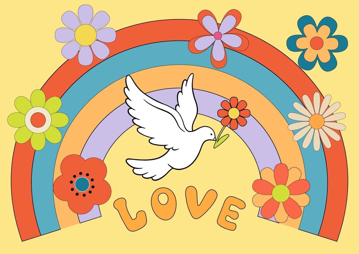 Groovy poster 70s with dove of peace. Retro print with hippie elements. Cartoon psychedelic landscape with hippy flowers daisy and rainbow vector
