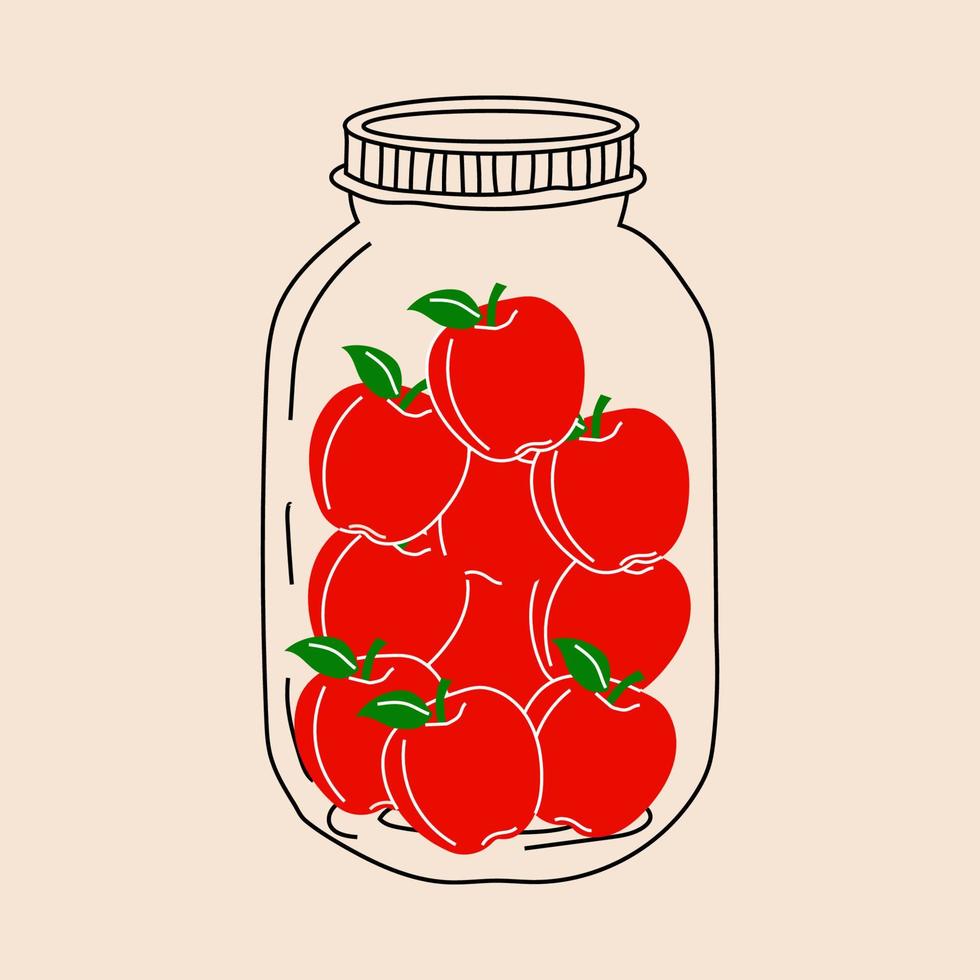 tarro con manzanas. compota. vector en estilo de dibujos animados. todos los elementos están aislados