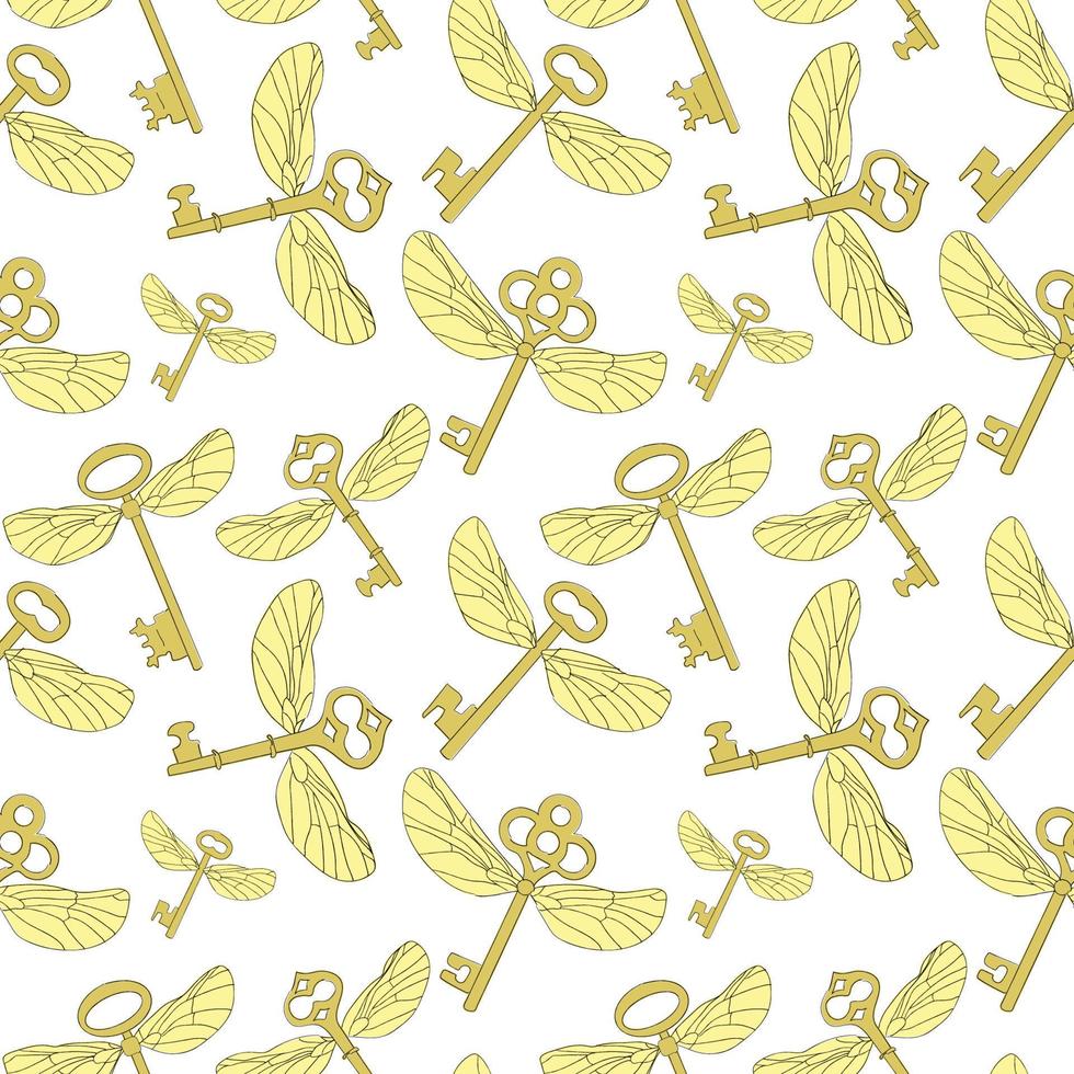 Seamless pattern with magic keys with wings. Vector. vector