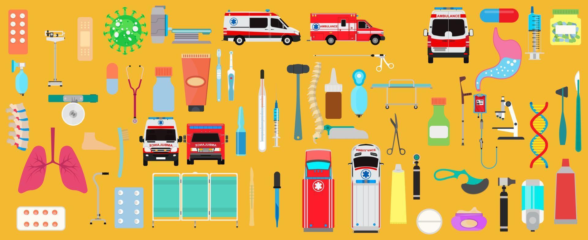 Medical set health icon and medicine care symbol. Ambulance syringe doctor sign and hospital design vector illustration. First aid emergency healthcare collection and clinic treatment element service