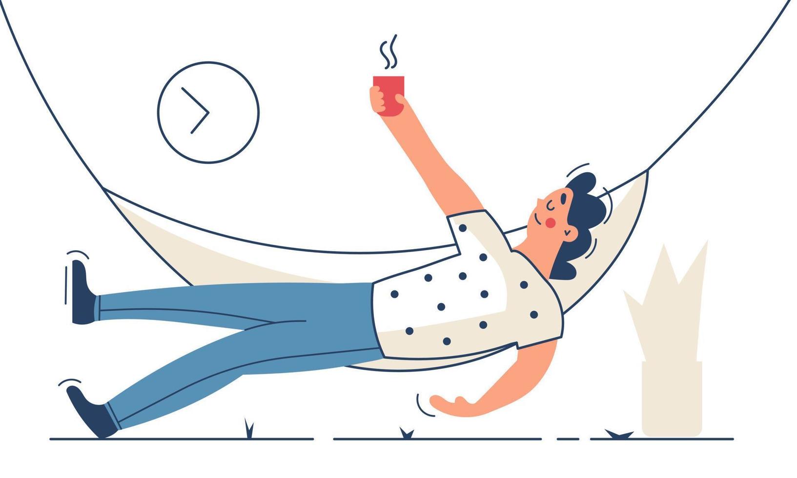 hombre relajándose el fin de semana en casa con café. descanso de vacaciones y persona cansada atmósfera vector ilustración. estado de ánimo de relajación y soñando cómodo. personaje descansando en casa y pensando en felicidad