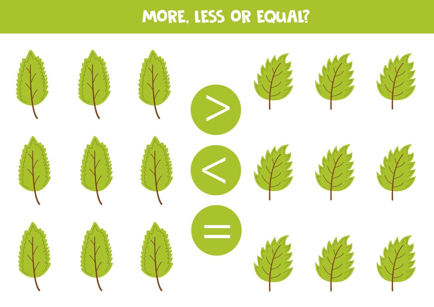 More, less, equal with hand drawn green leaves. vector