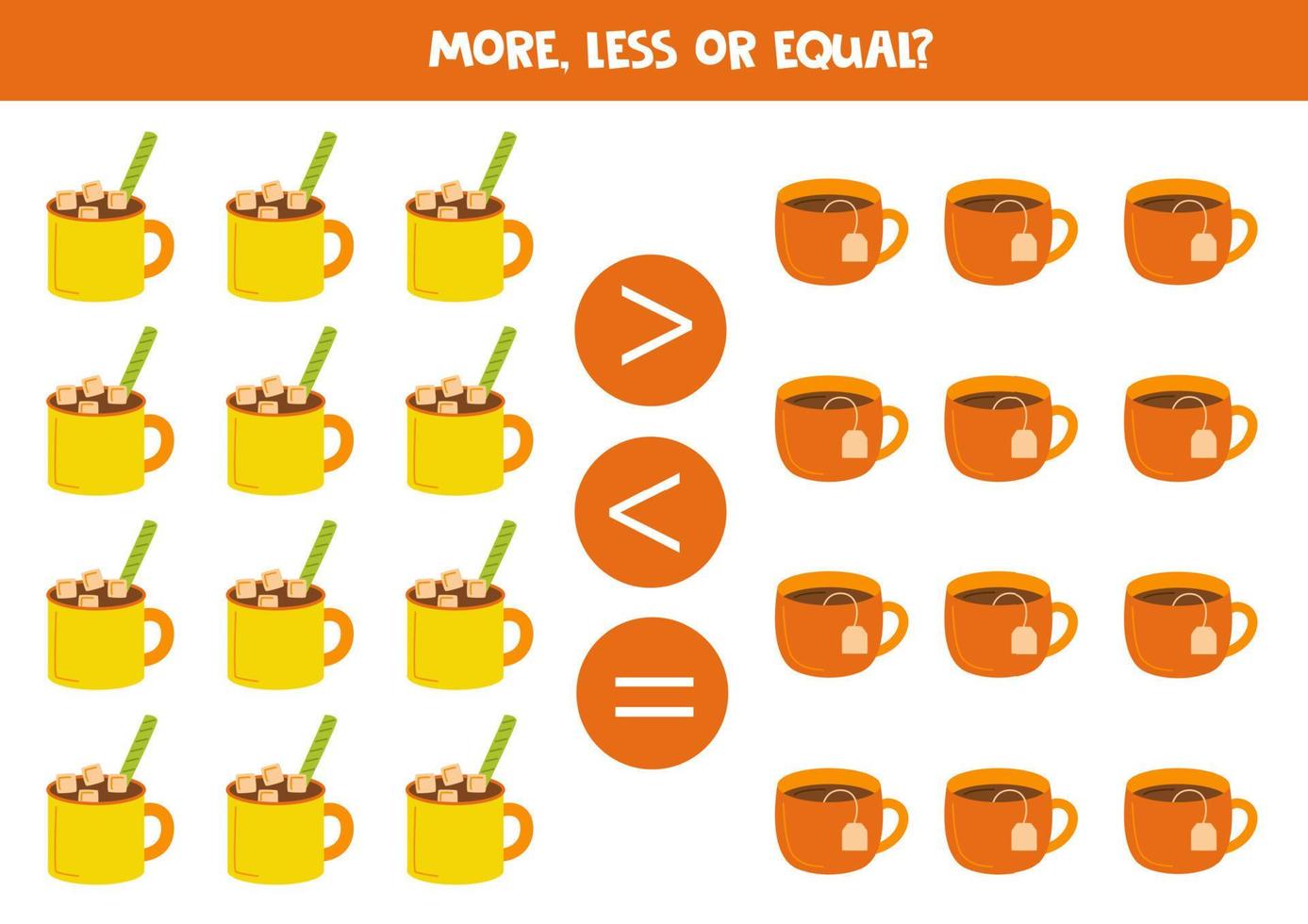 More, less, equal with hand drawn cups. vector