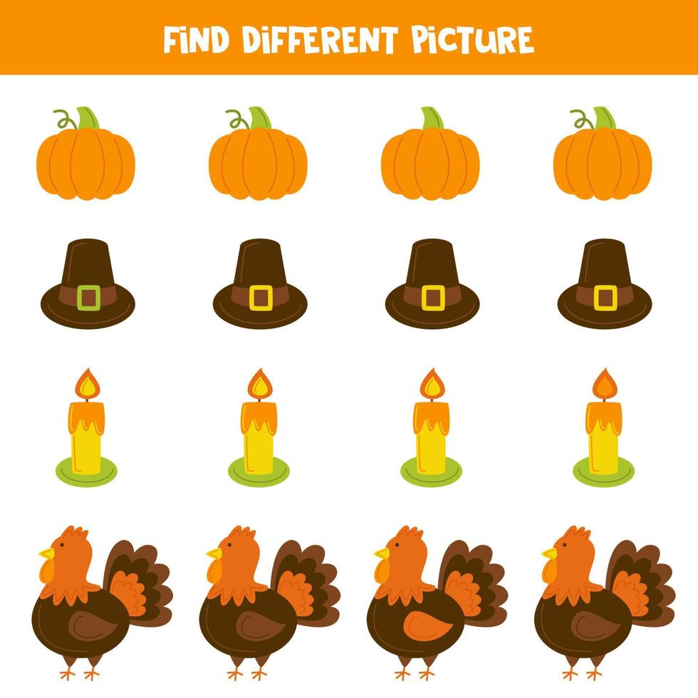 Find Thanksgiving element which is different from others. Worksheet for kids. vector