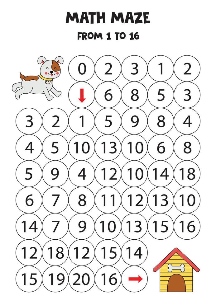 Get cute dog to the dog house by counting to 16. vector