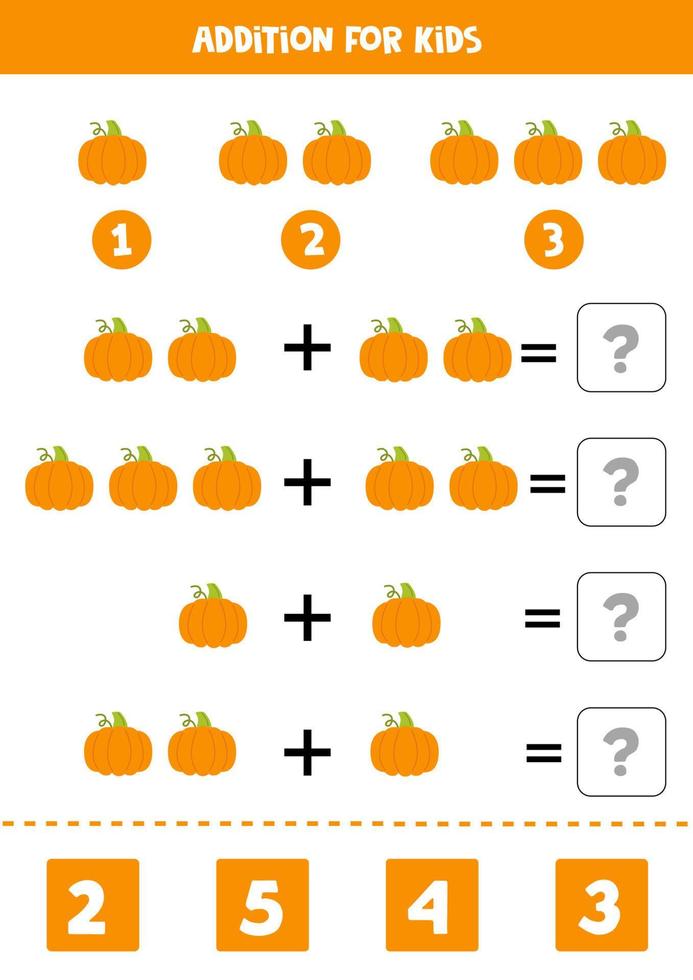 Addition for kids with hand drawn pumpkin. vector