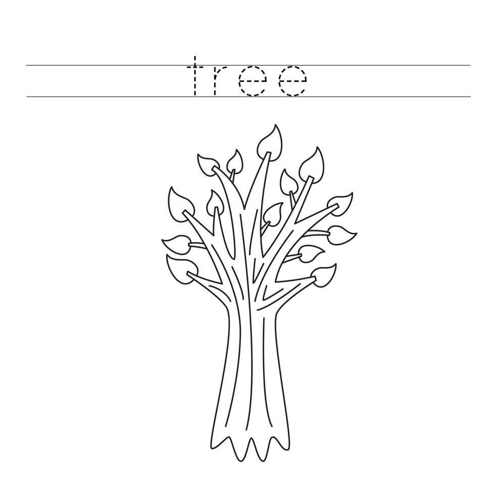 Trace the letters and color cute tree. Handwriting practice for kids. vector