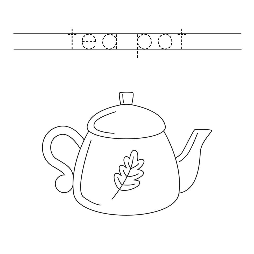 Trace the letters and color autumn tea pot. Handwriting practice for kids. vector