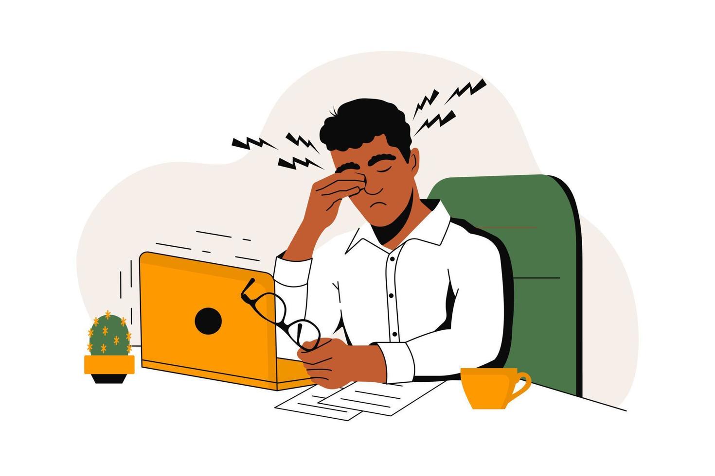 Young african american guy is working on a Laptop. Tired character. Concept of Eye Health while Working at the computer. Flat graphics, vector illustration.