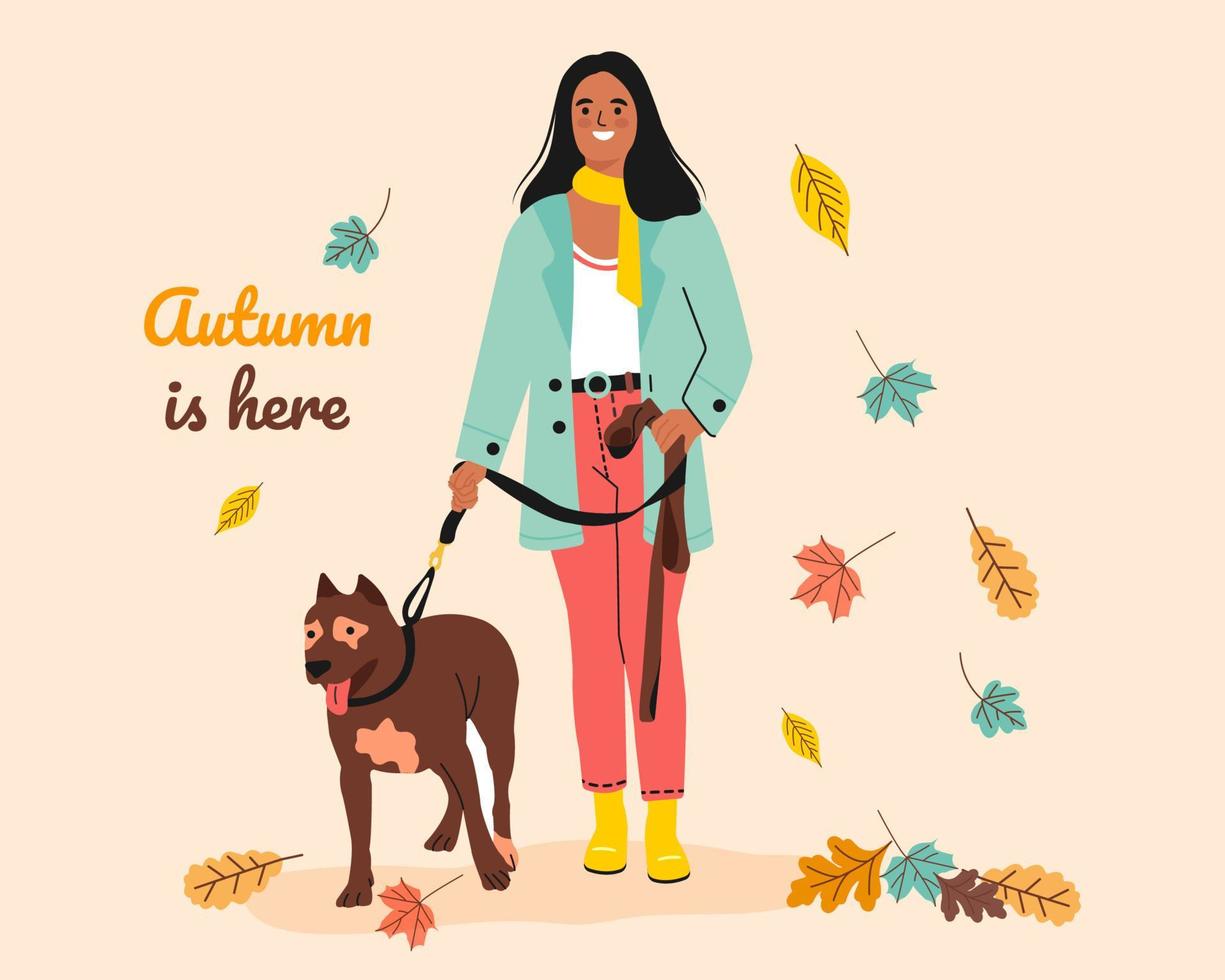 chica caminando con perro en otoño. el otoño está aquí, el concepto de actividad al aire libre. ilustración vectorial plana. vector