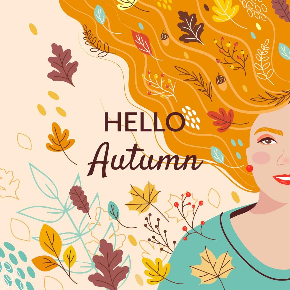 diseño de postales con una hermosa joven pelirroja y la inscripción hola otoño. disfruta del concepto de otoño. ilustración vectorial en estilo plano. vector