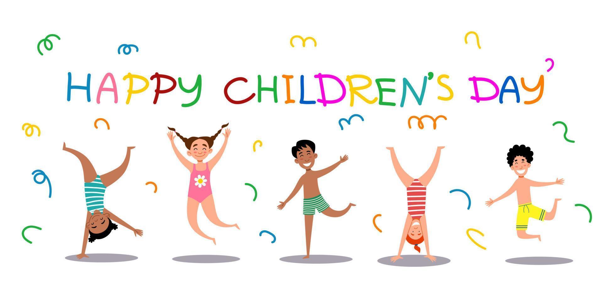 Children s Day card. Cheerful children jump in swimsuits. vector