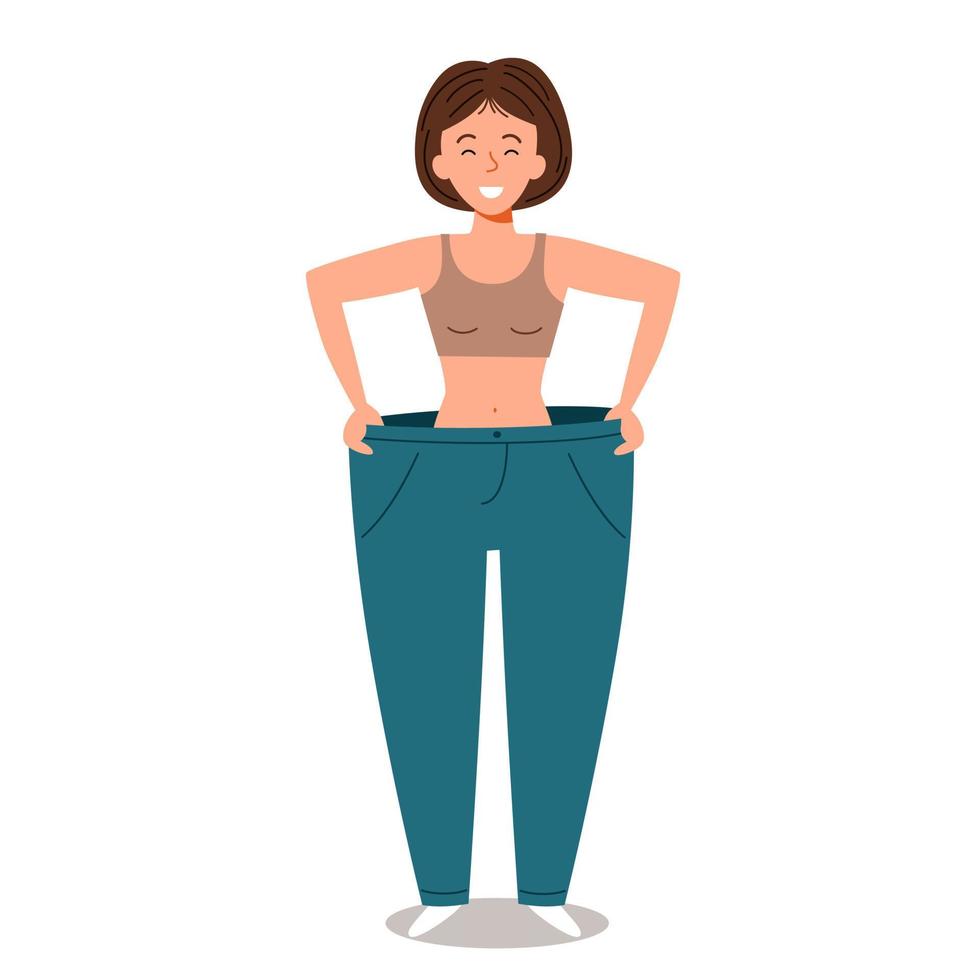 la niña muestra cómo perdió peso. una mujer con pantalones grandes. vector