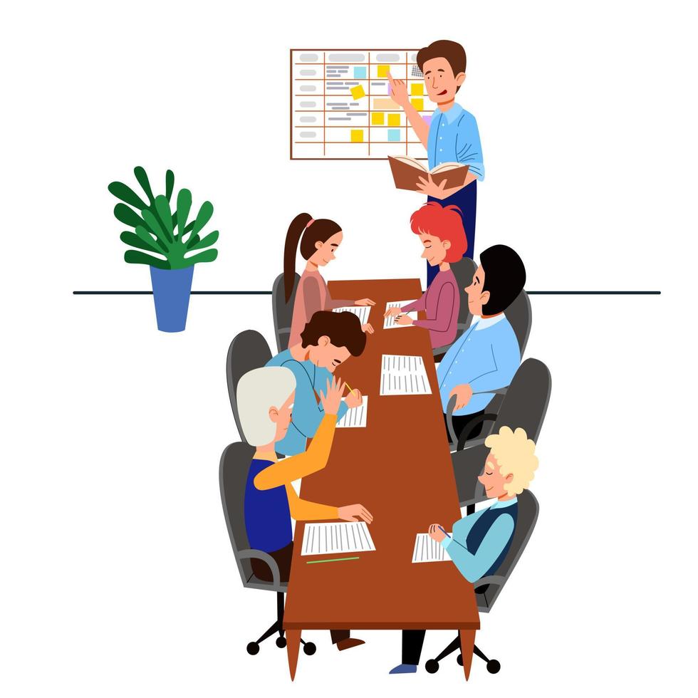 el concepto de una reunión de trabajo de colegas en la mesa. informe de la gente sobre el tema de la planificación y resolución de problemas. vector