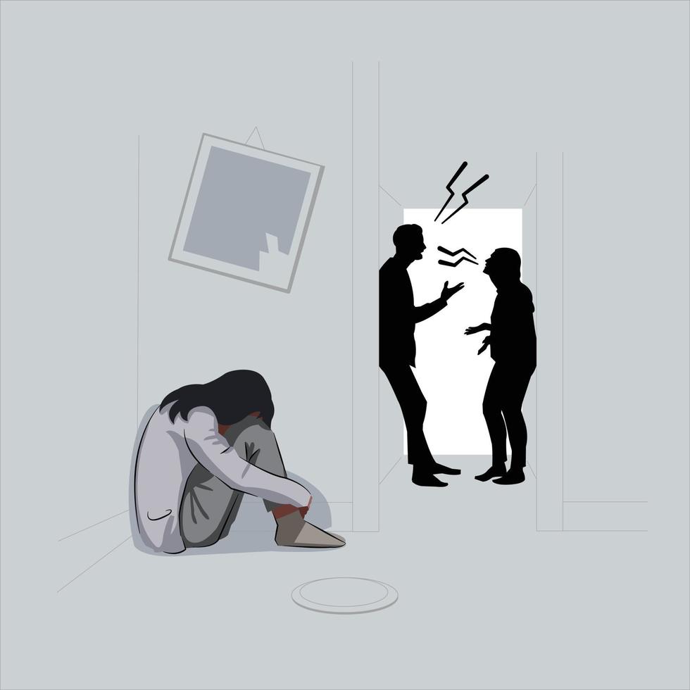 young girl sad crying and having trauma parents fighting yelling vector