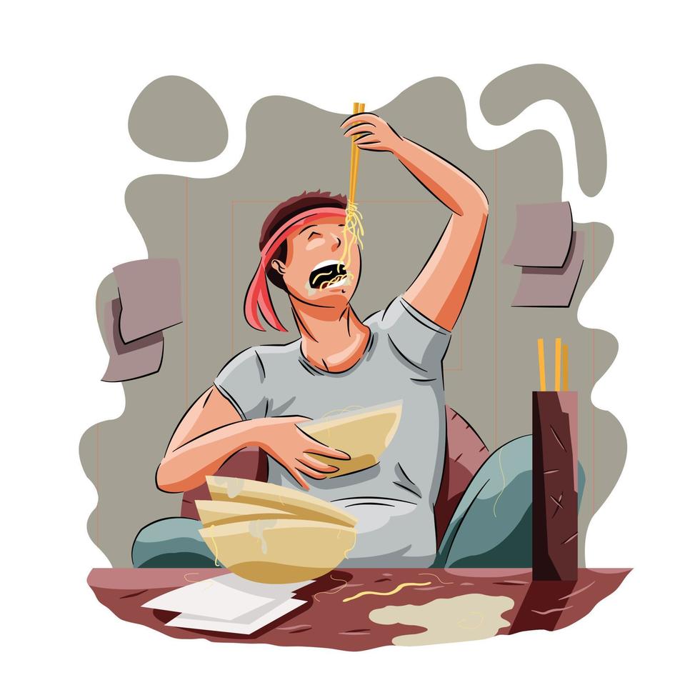 Man eating bowls of tasty ramen in ramen shop using chopstick vector