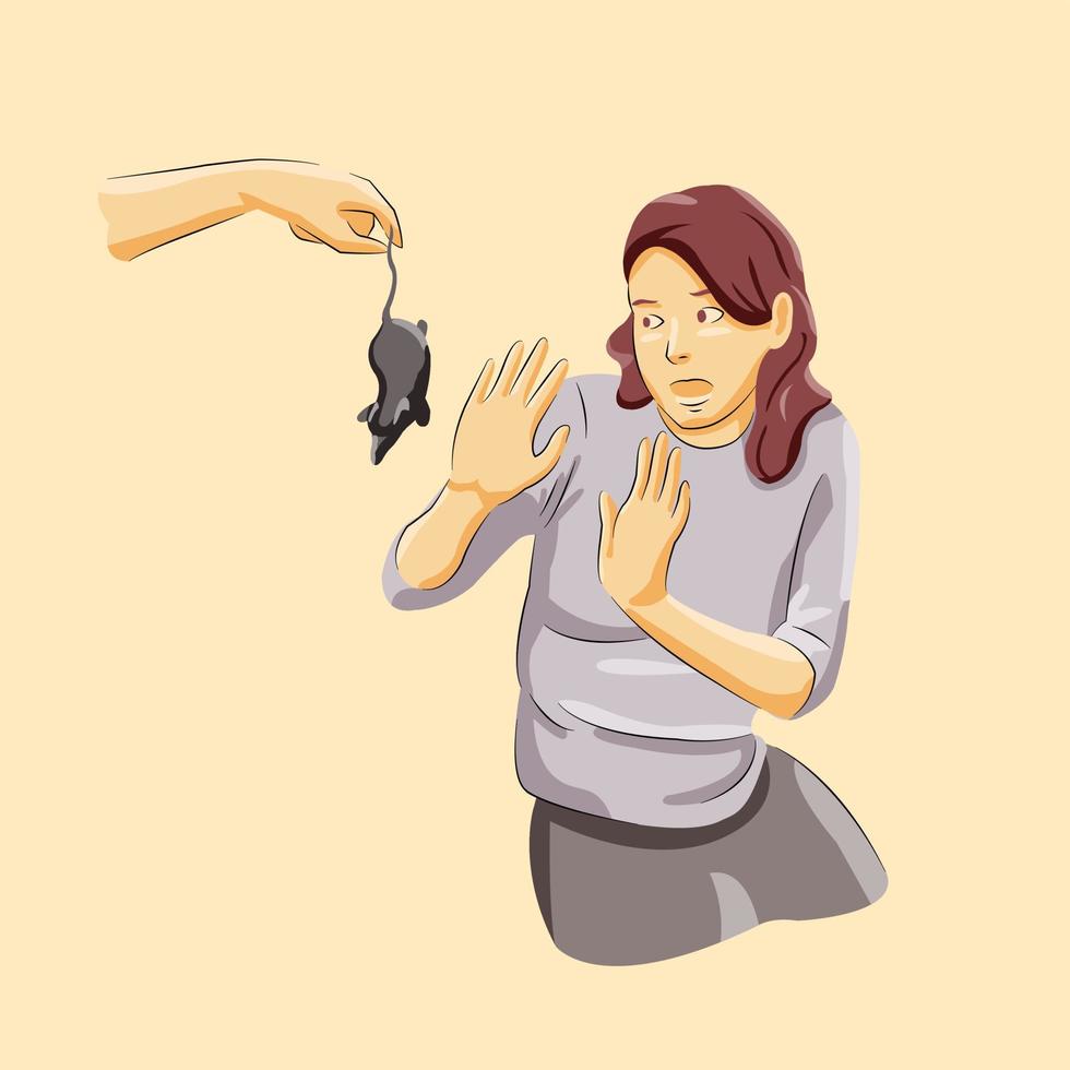 Woman scared of a little mice screaming prank by other vector