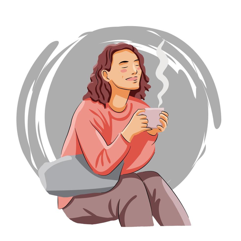 mujer sentada relajada disfrutando bebiendo café caliente o té sintiendo alegría y calmada vector