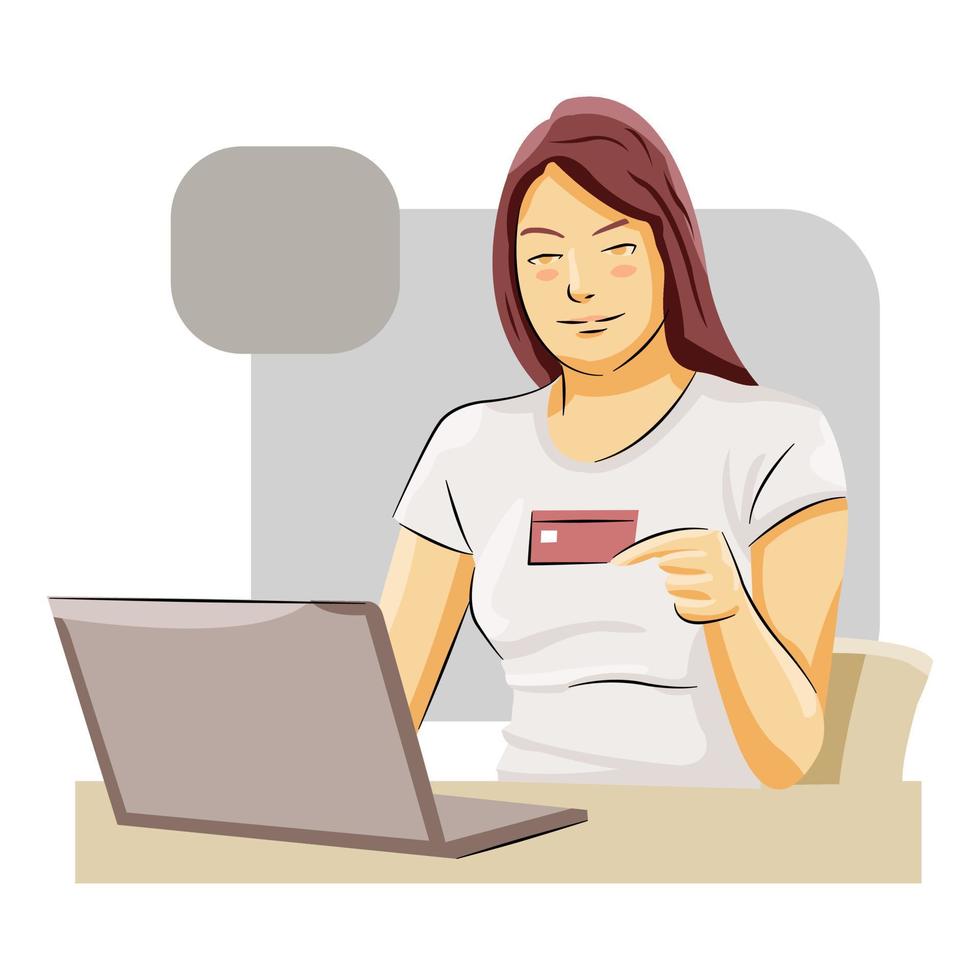 Woman transaction online using credit card vector