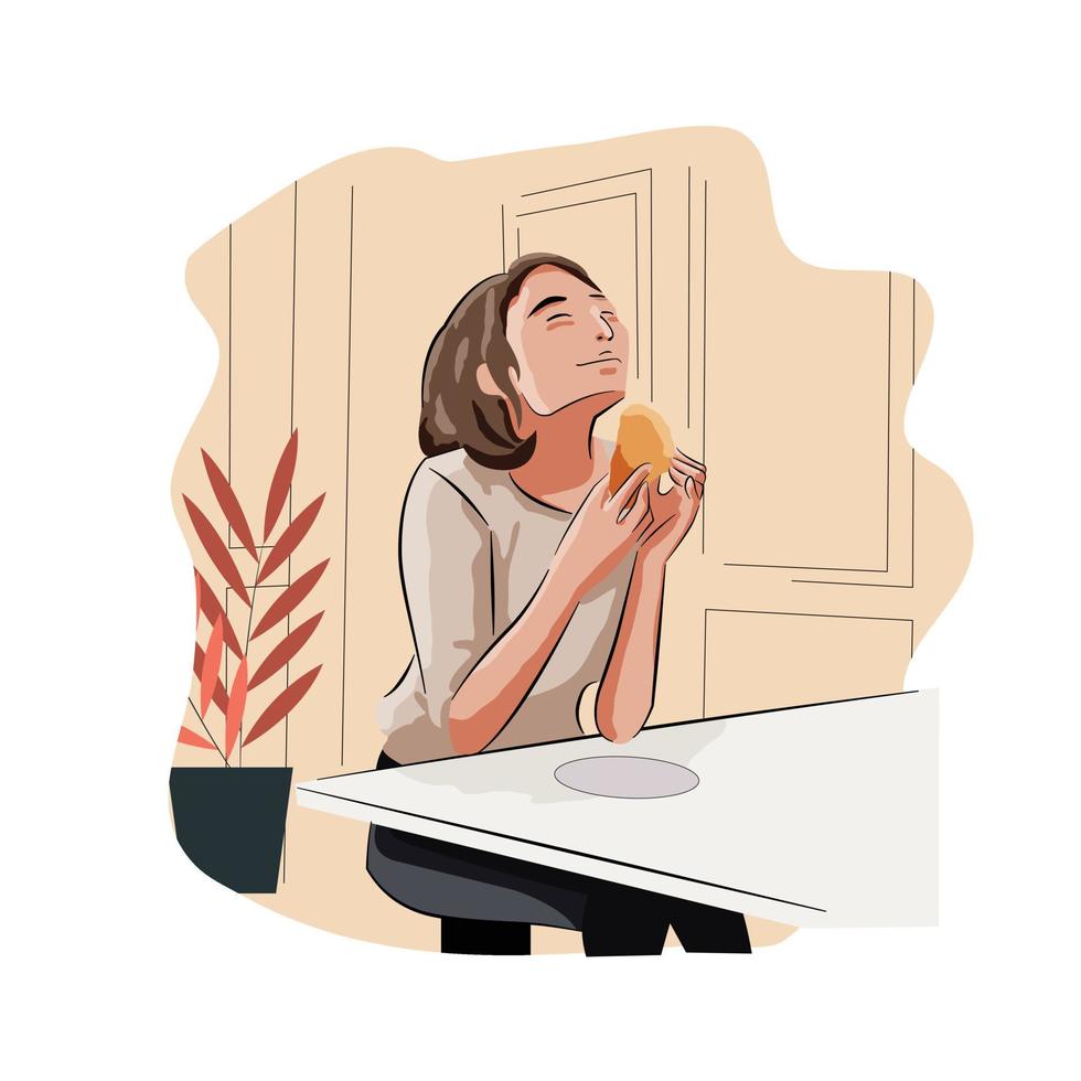 young girl enjoy food eating in table alone smiling vector