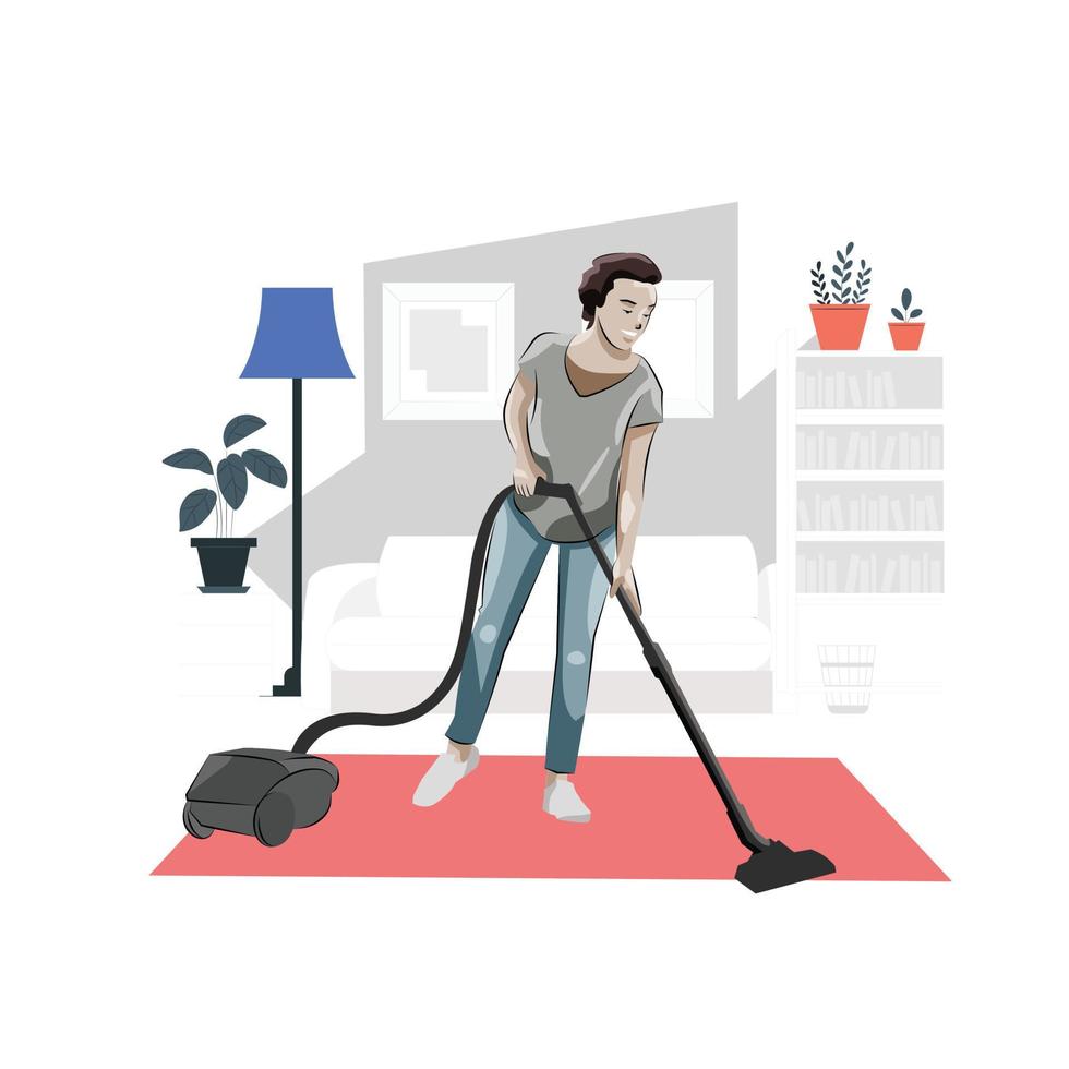 Woman cleaning living room with vacuum cleaner vector