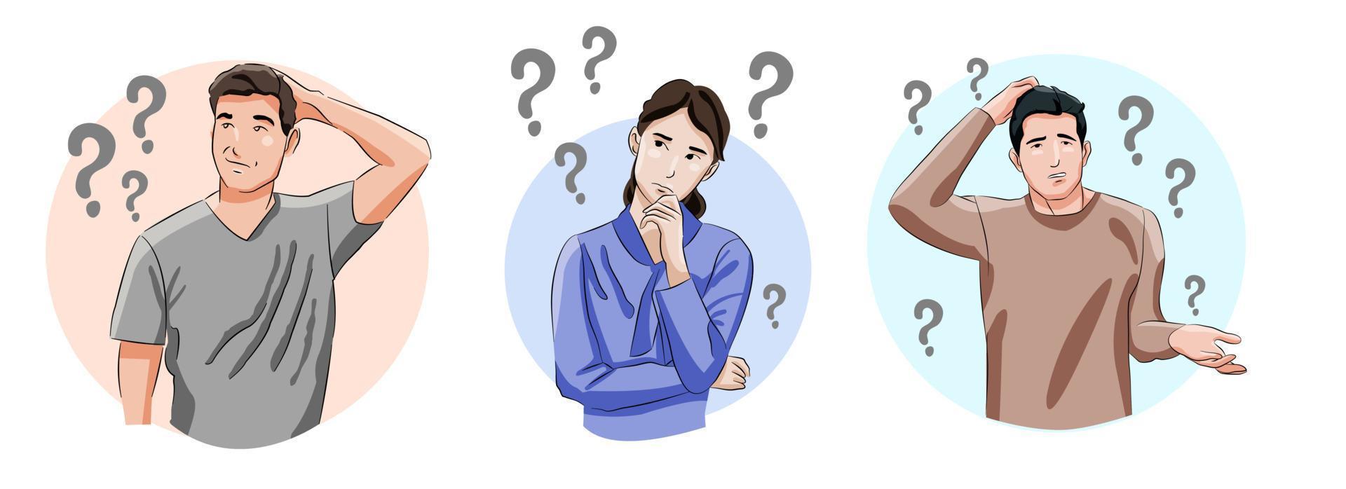 set of man and woman in guessing pose thinking guessing with question mark vector