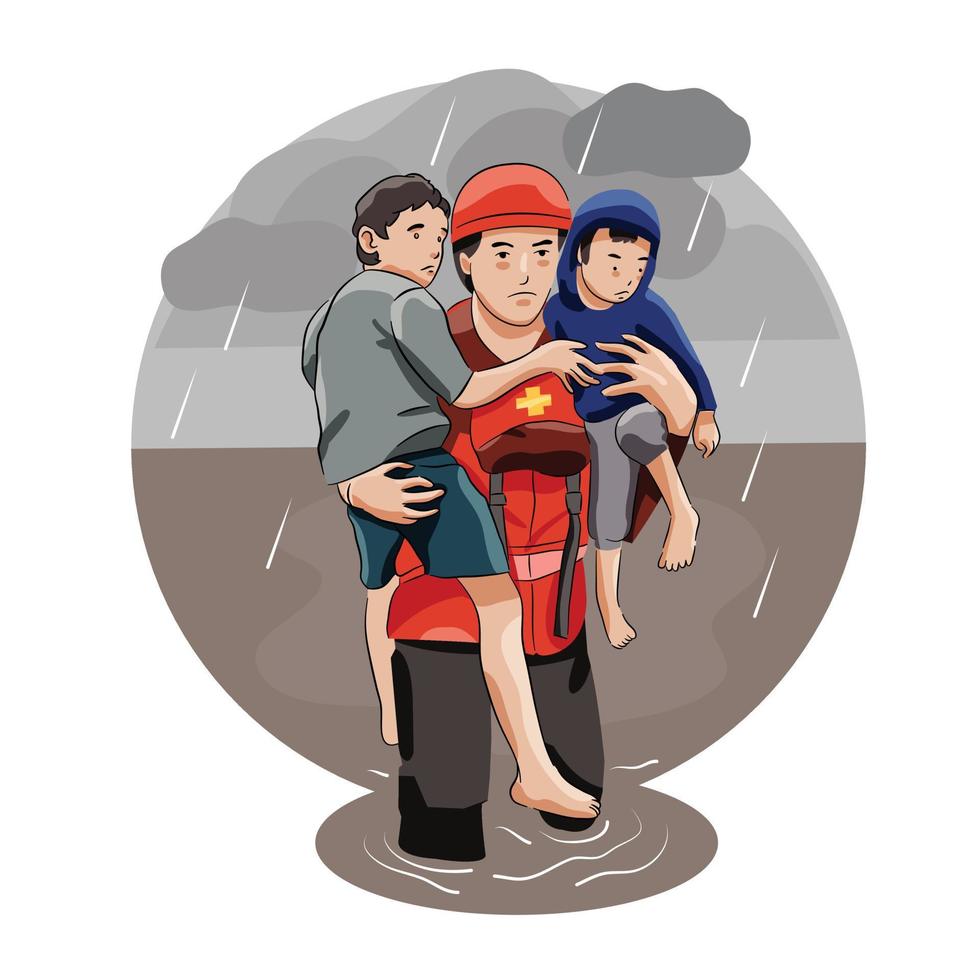 man rescue children disaster flood walk through heavy rain vector