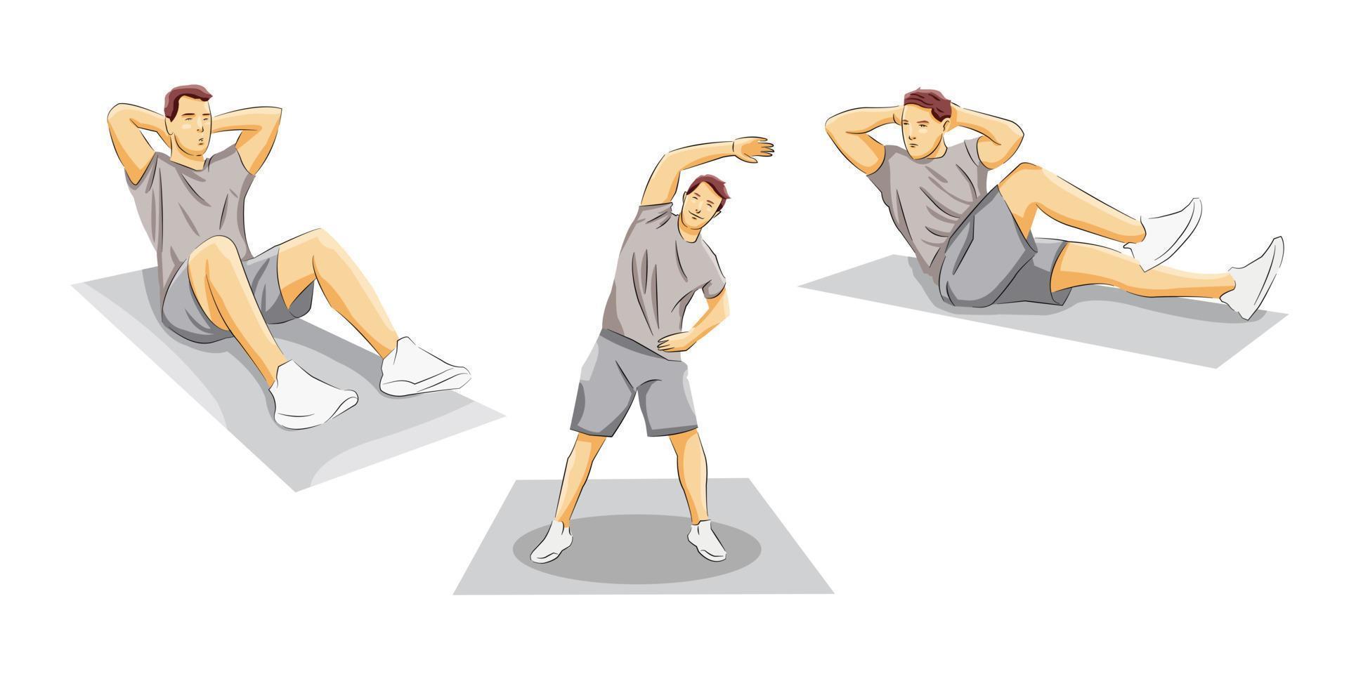 Set of man doing exercise stretching muscle vector