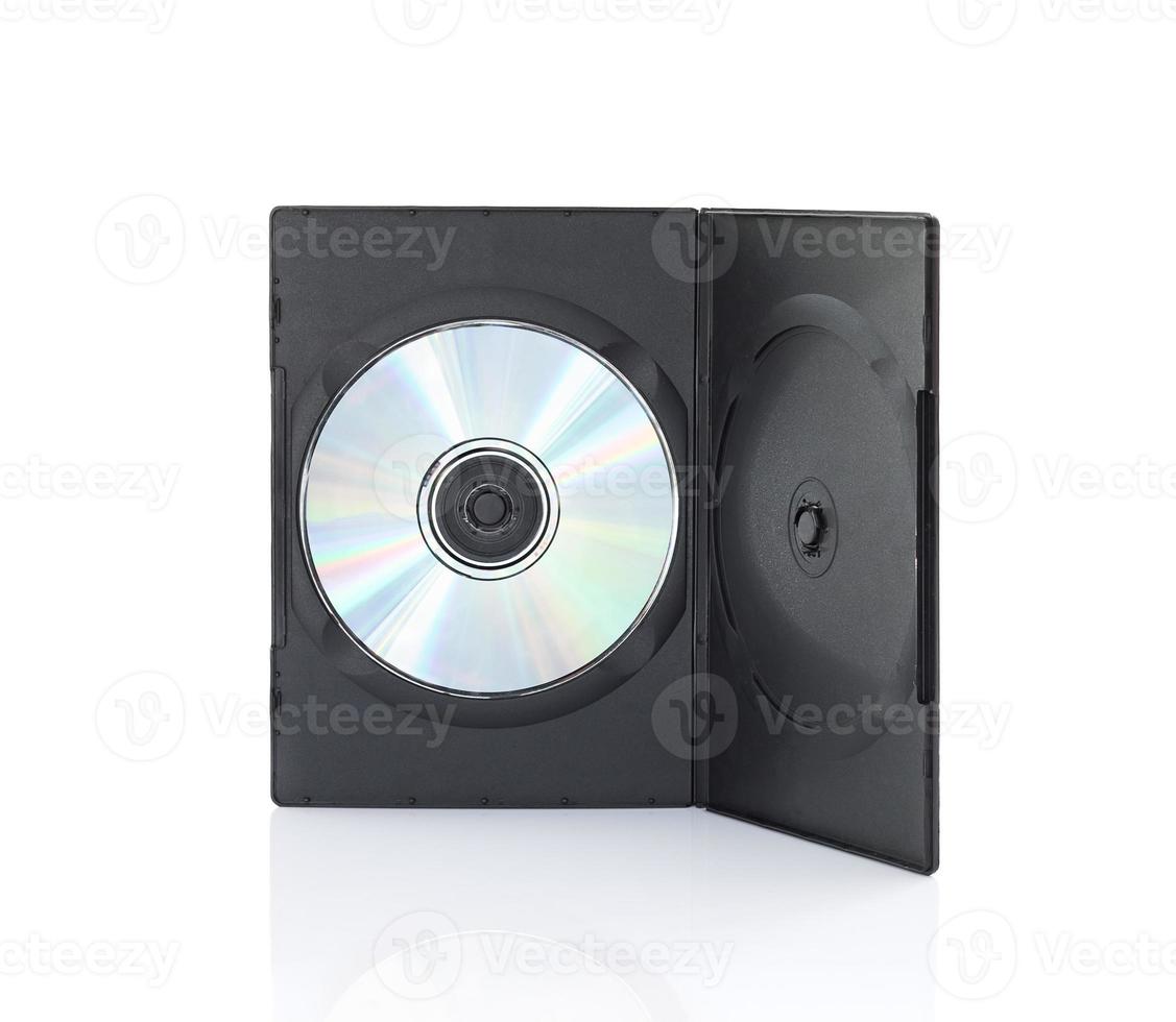 DVD box with disc on white background photo