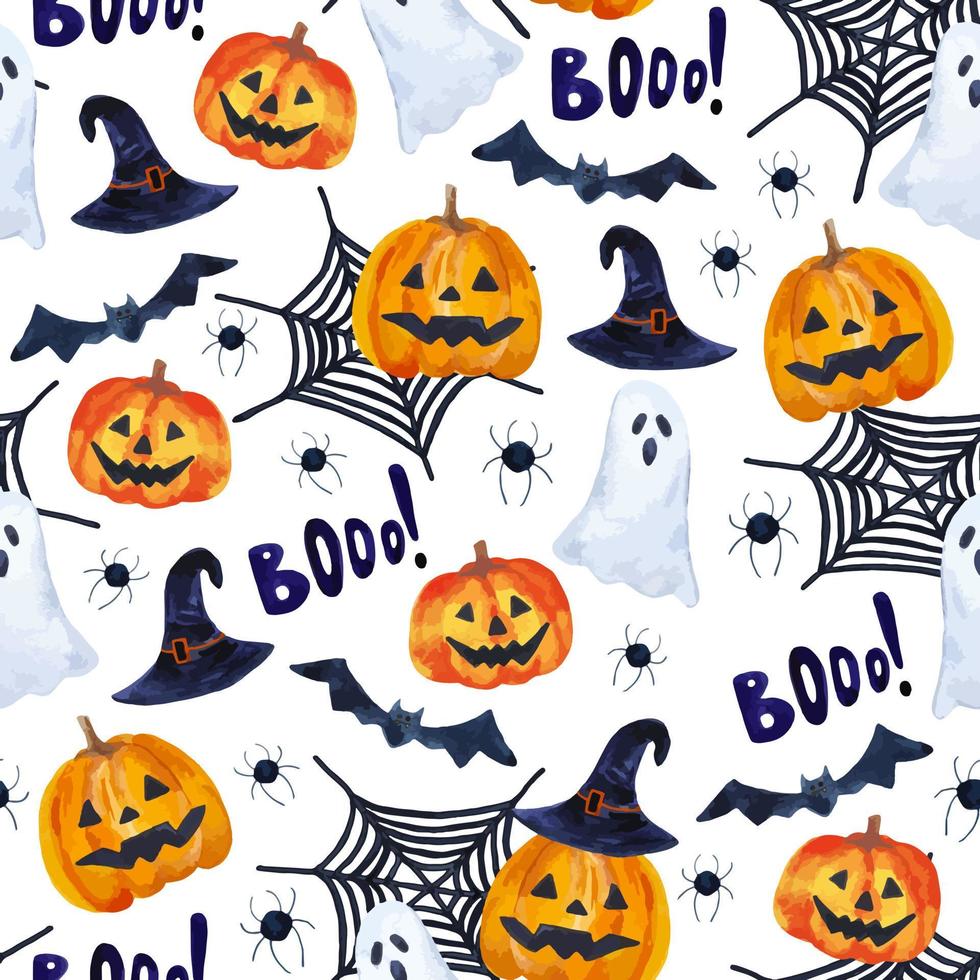 Watercolor halloween seamless pattern hand drawn autumn party background vector