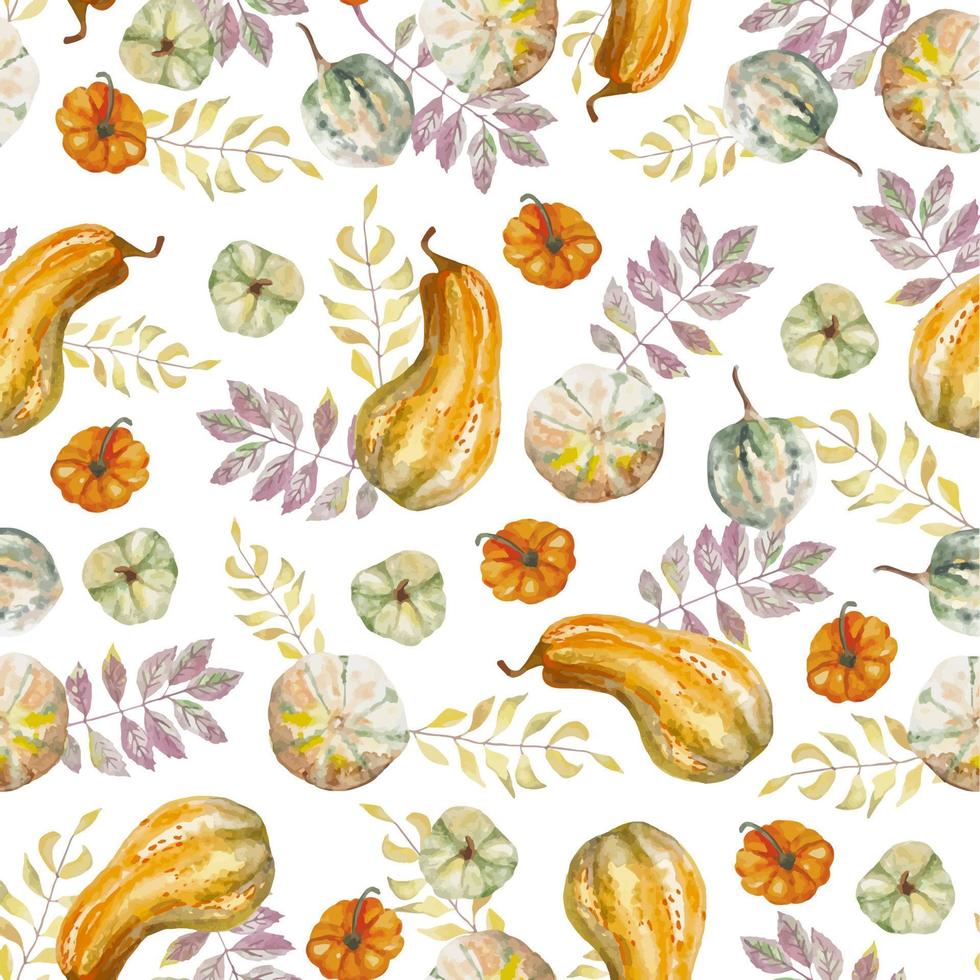 Watercolor autumn seamless pattern with hand drawn pumpkins and leaves for textile, phone cases and other decorations vector