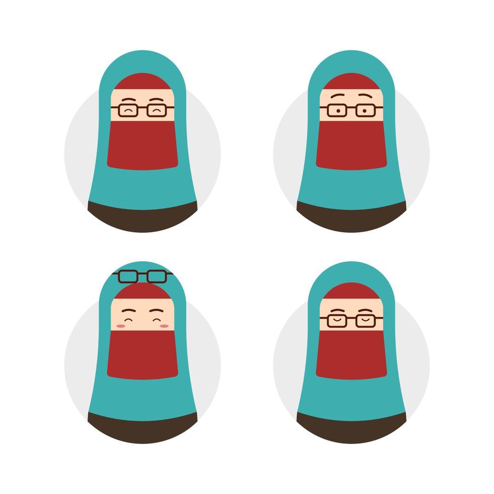 blue tosca niqab hijab hijaber wear eyeglasses avatar with face expression set illustration vector