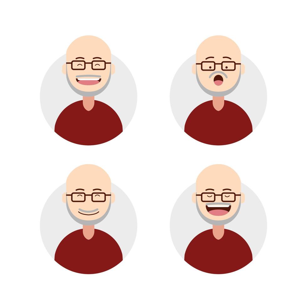 Flat bald old elder man male with grey beard and mustache expression avatar set vector