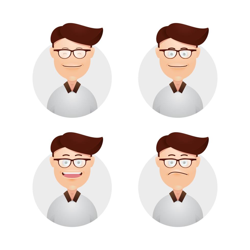 Set funny male face Collage Student with eyeglasses expression avatar vector