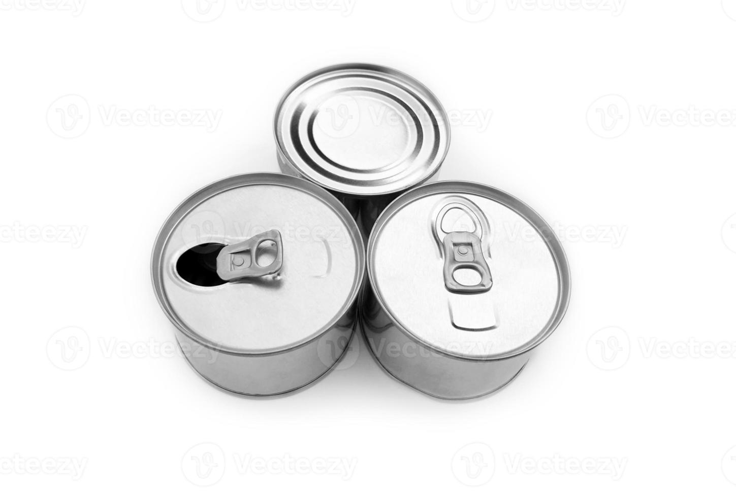 Steel and tin cans on white background, soft and selective focus. photo