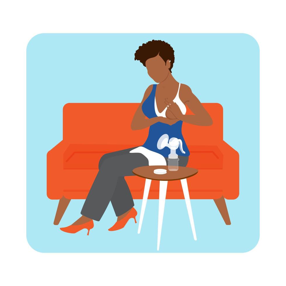 African American mom expression with a breast pump. Lactation, breastfeeding woman. Business mother. Vector illustration