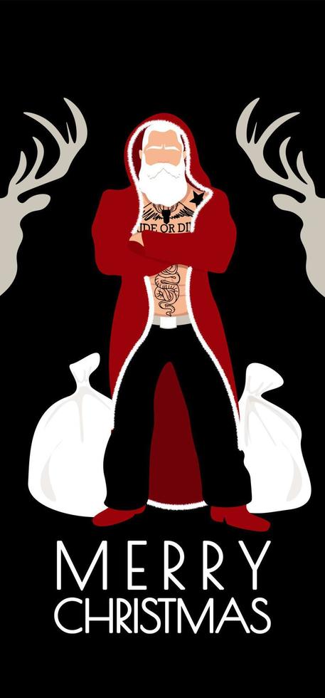 Vector vertical card poster congratulation merry christmas on a black background. Bad old santa claus with tattoos and a beard in a fur coat with a hood in full grouwth. Bags, deers. Illustration