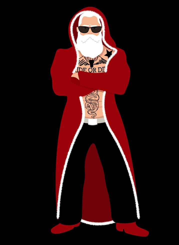 Vector vertical card poster on a black background. Bad cool old santa claus with tattoos and a beard in a fur coat with a hood in full grouwth. Sunglasses, confident posture. Illustration