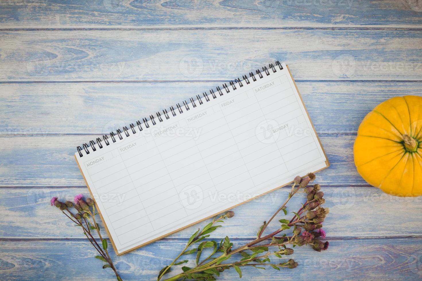 Blank planner mock up with autumn pumpkins photo
